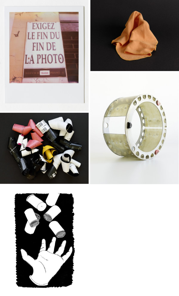 EXIGEZ LE FIN DU FIN DE LA PHOTO aus NEULICH IM LABOR: Farbsofortbild, gerahmt hinter Museumsglas; Unikat, 2016, 8,6 x 10,8 cm/Requisit 07 – Antistatiktuch: Digitaler C-Print, in Vitrinenrahmen hinter Museumsglas, 100 x 80 cm bzw. 80 x 100 cm/Requisit 05 - Filmschutzpapier/Requisit 01 - Trommel/Die Übergabe: Digitaler C-Print, in Vitrinenrahmen hinter Museumsglas, 50 x 40 cm