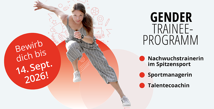 Gender Trainee Programm - laufende junge Frau mit Text: Gender Trainee-Programm: Nachwuchstrainerin im Spitzensport; Sportmanagerin; Talentecoachin; Bewirb dich bis 14. Sept. 2026