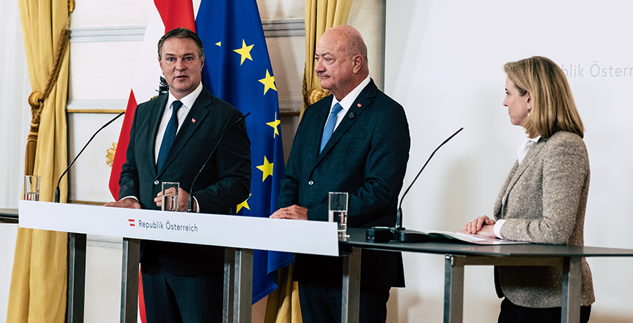 Pressekonferenz mit Andreas Babler, Christian Stocker und Beate Meinl-Reisinger