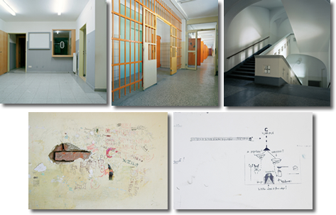 3 Arbeiten aus der Serie: Jugendgericht, 2006, C-prints, je 60 x 60 cm 1. Besucherschleuse, Europäische Gemeinschaft, EG, 2006, C-print, 60 x 60 cm 2. Zellentrakt, 4. Abteilung, 4. OG, C-print, 60 x 60 cm, 3. Zugänge Verhandlungssäle, 1. OG, C-print, 60 x 60 cm 2 Arbeiten aus der Serie: Jugendgericht, Wandzeichnungen, 2006, C-prints, je 30 x 42 cm