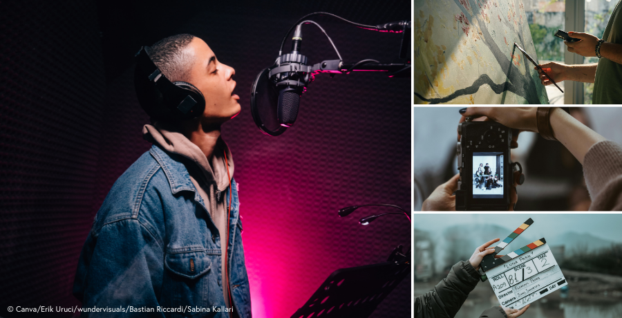 Singende, malende, fotografierende Personen und Person die Filmblende hält